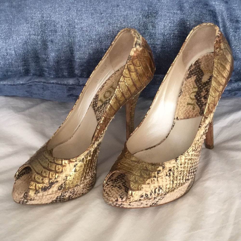 Dior peep toe snake print heels